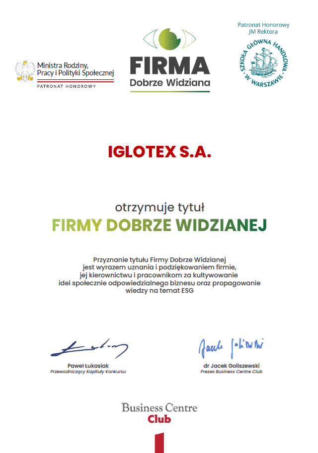 Iglotex z tytułem „Firma Dobrze Widziana”