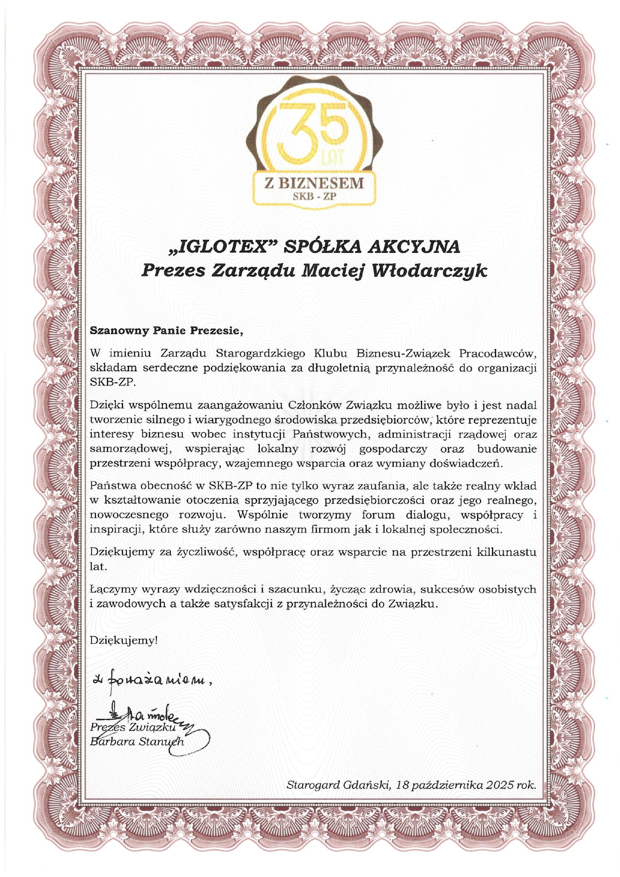 Skrzydła Kociewskiego Biznesu 2025 – prestiżowe wyróżnienie dla IGLOTEX S.A.